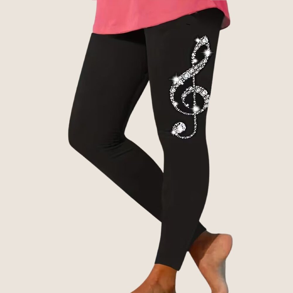 Music Treble Clef Leggings Womens XL Black Rhinestone Graphic Print Pants